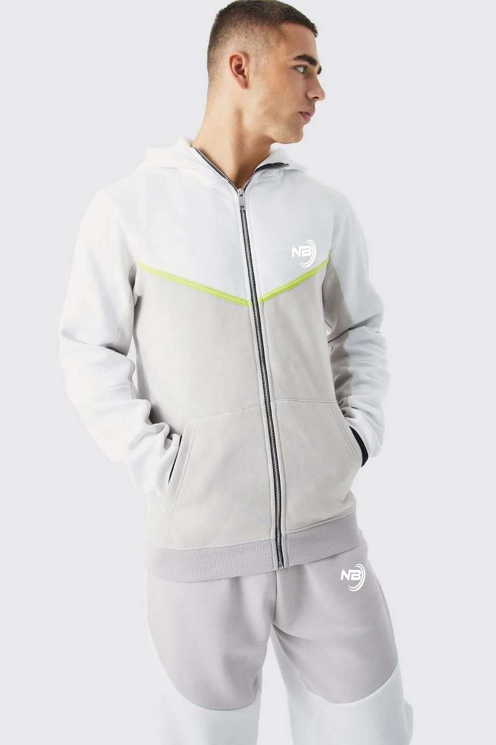 Men New Design Slim FIT Grey Color Block Zip Through Hooded Cotton