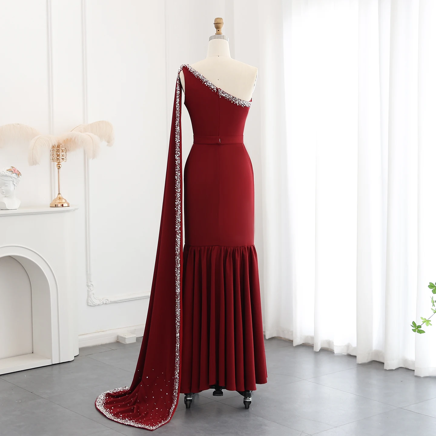 Sharon Said SS384 Burgundy Sequined Modern Satin One Shoulder Floor-Length  Evening Dress for Women Wedding Luxury Dubai Formal