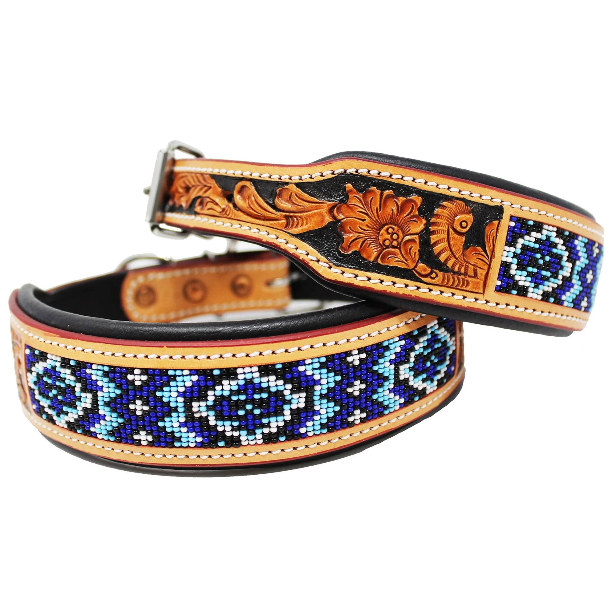 Western Beaded Cow Leather Soft Padded Dog Collar With Hand Painted