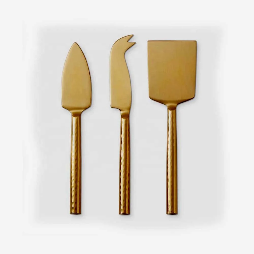 Factory Supply Gold Plated Stainless Steel Spreader with Solid Round Handle Cheese Set