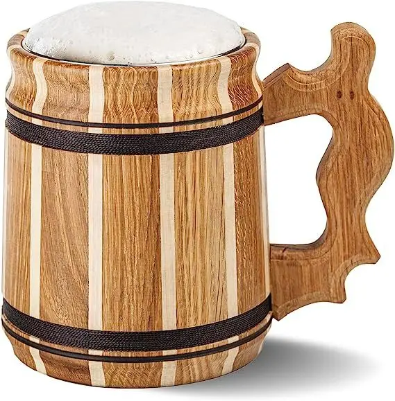 Multi Use Handmade Natural Wooden Drinking Wooden Mug with Natural Wood Colour Barrel Mug for Beer Tea Coffee Christmas Party