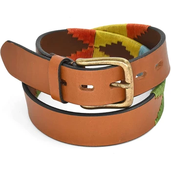 Tan Leather Brass Buckle Belt Wholesale Men's Polo Stitched Assorted Color New Men's Fashion OEM Manufacturer