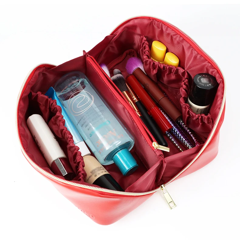Large Capacity Women Waterproof Travel Toiletry Organizer PU Leather Pillow Makeup Bag With Dividers
