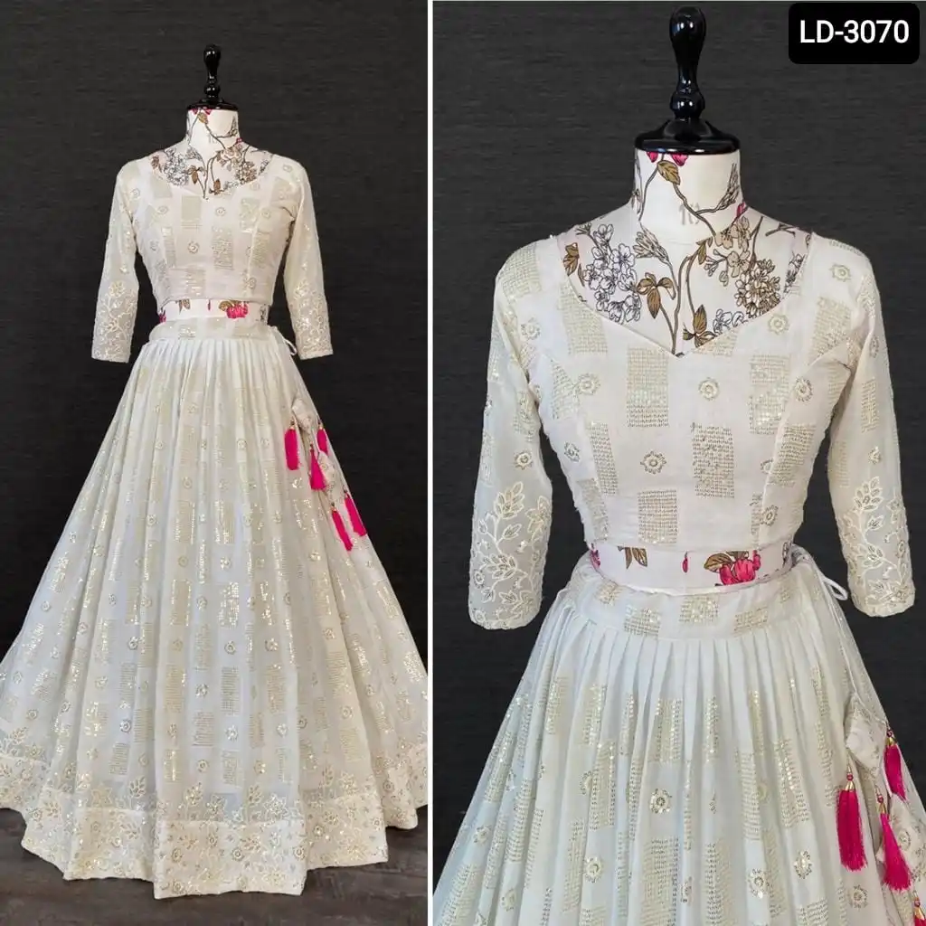 Heavy Designer Georgette Material Embellished with Sequence and Thread Embroidery Work White Color Lehenga Choli for Women Wear