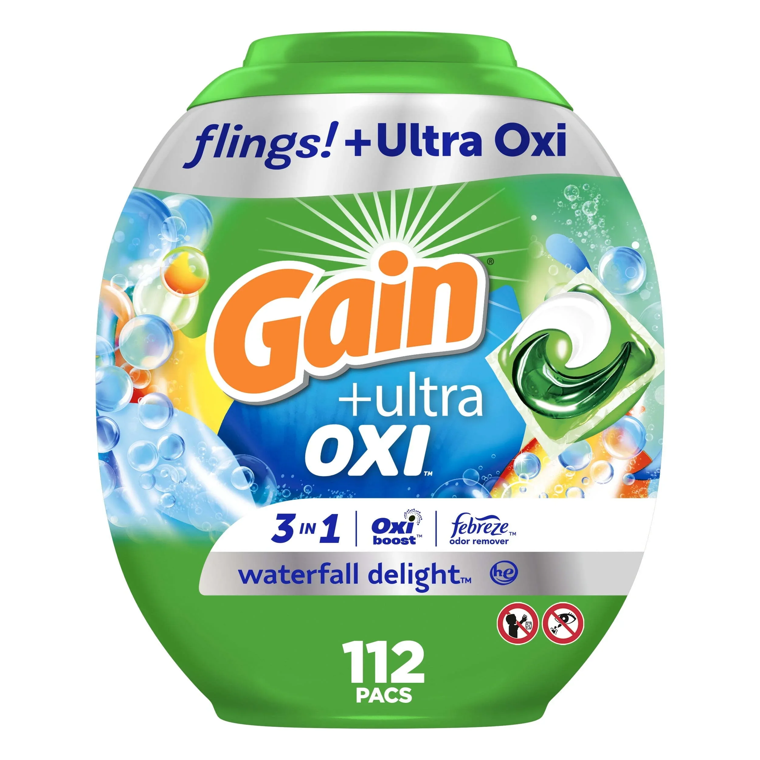 Gain Flings Ultra Oxi Laundry Detergent Pacs,Waterfall Delight Scent,112 Count Buy Gain