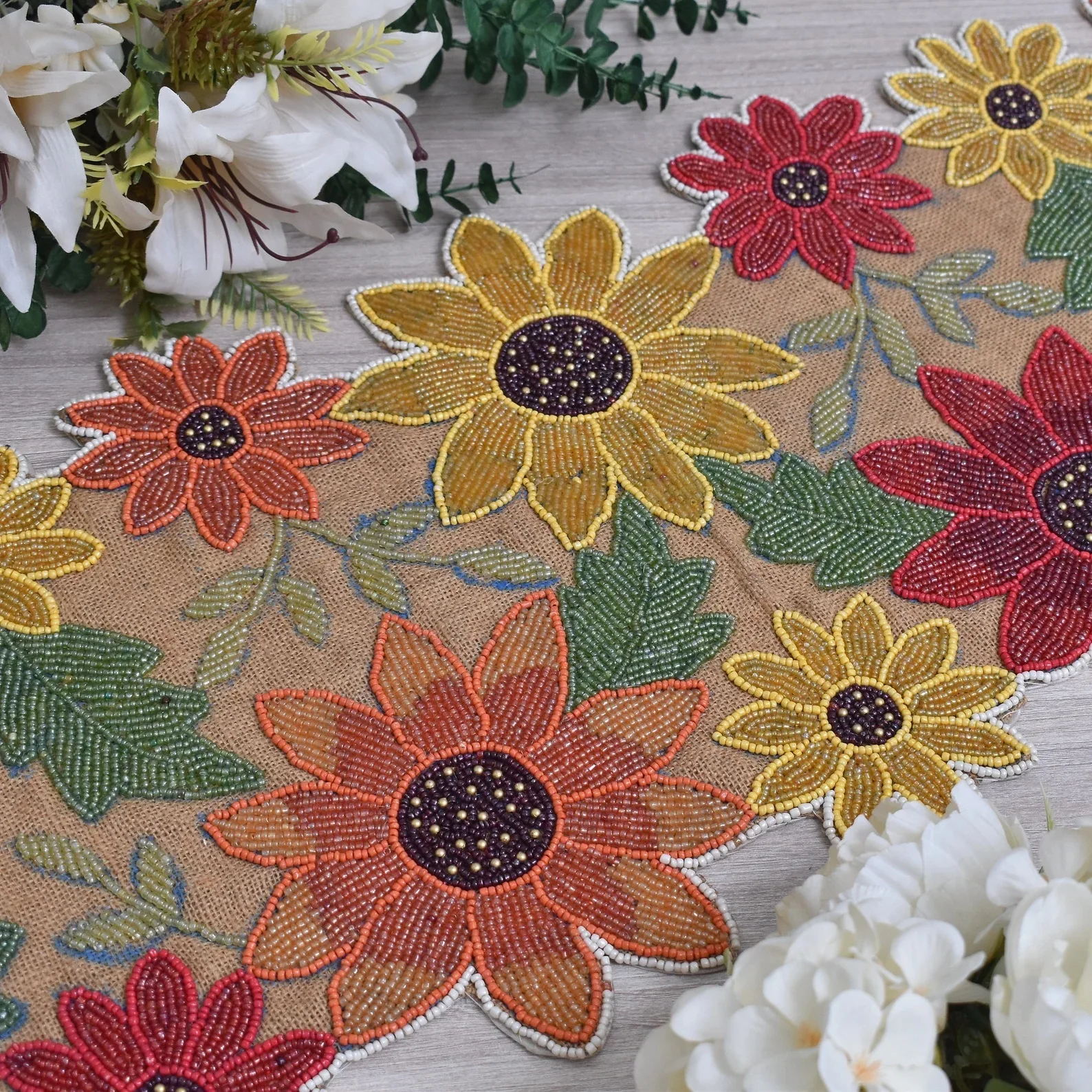 Custom Color Beaded Work Embroidery Table Runner Floral Design for Dining Jute Material Weddings Home Hotels Parties Low Price