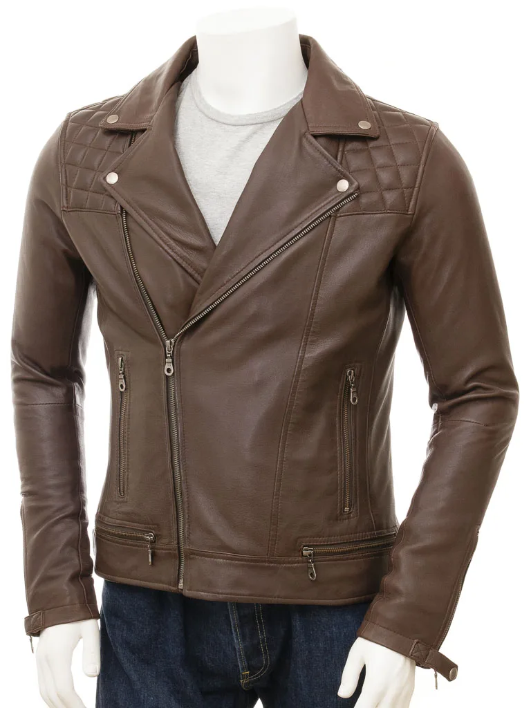 男士棕色皮夹克素色染羊纳帕皮革卡车司机骑自行车风格带拉链口袋透气