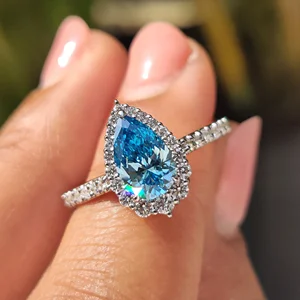 Blue Moissanite 2.30 TW Pear Shaped Cluster Setting IGI Certified Engagement Wedding Ring Party & Anniversary Gift