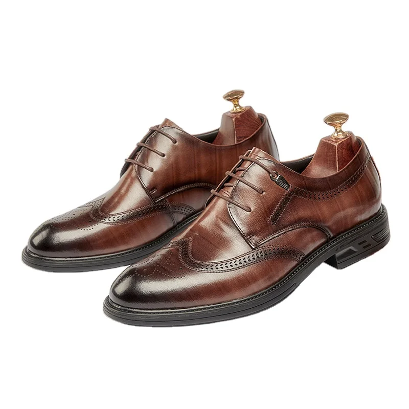 Men's Brogues Men's Casual Business Dress Derby Shoes Carved Round Toe  Wedding Groom Genuine Leather Shoes