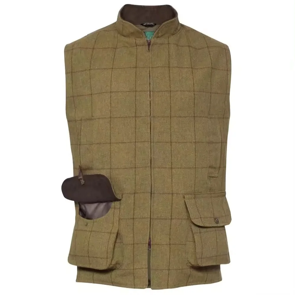 Customized Mens Tweed Fabric Hunting Vest Winter Waistcoat for Hunter Water Repellent Shooting Vest