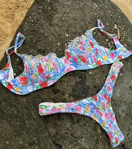 Designer Custom LOGO Women Underwire Swimwear 2024 Tube Top Floral Striped Print Crush Lace Two Triangle 2 Set Eco-Friendly