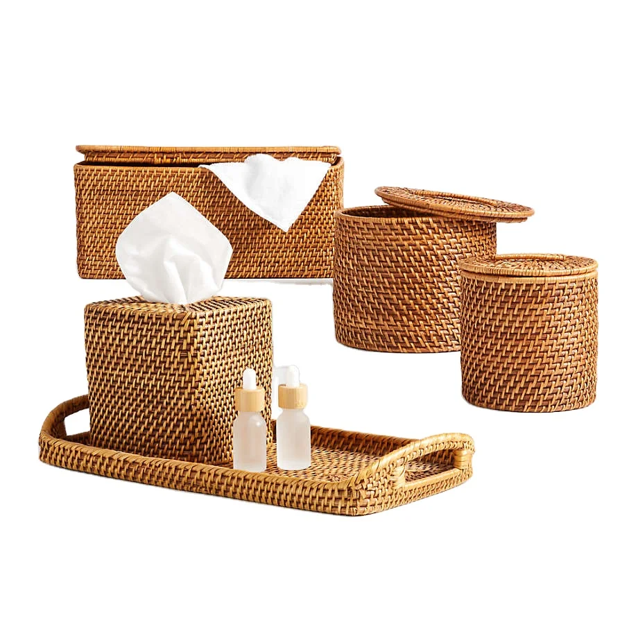 Высококачественный оптовая продажа глобальный набор аксессуаров для ванны из ротанга дома отеля курорта ручной работы во