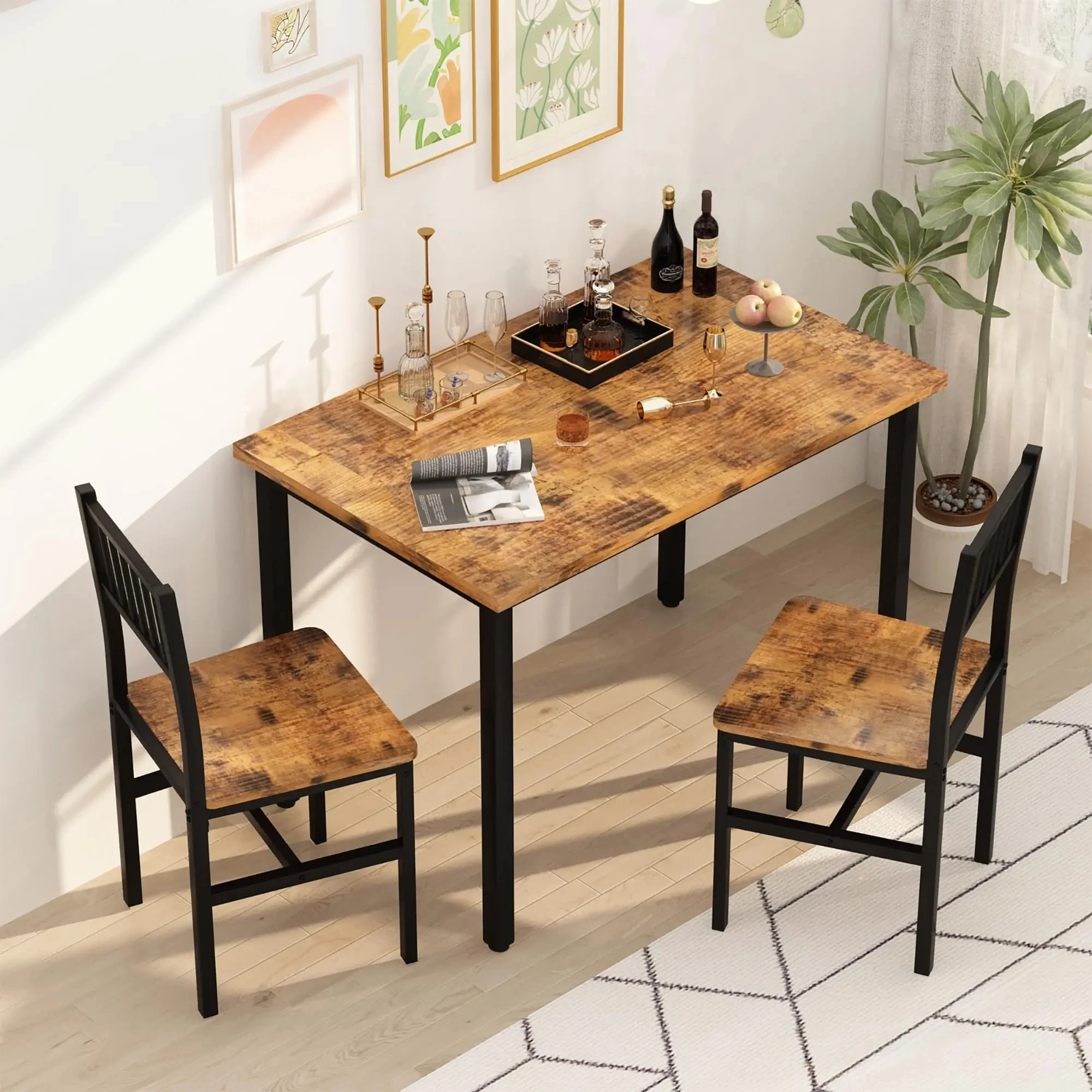 Set 3 Pezzi Tavolo E Sedie Da Bar, Tavolo E Sgabelli Da Pub Industrial Con Porta Calici E 6 Portabottiglie Da Vino Set Di Tavolo Per Sala Da Pranzo Ristorante E Bar Grigio