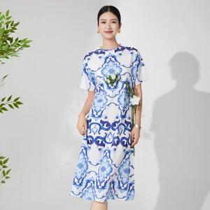 2025 Newest Design Fast Shipping Women Fashion Dress High Quality Stretch Pleated Printed Dress