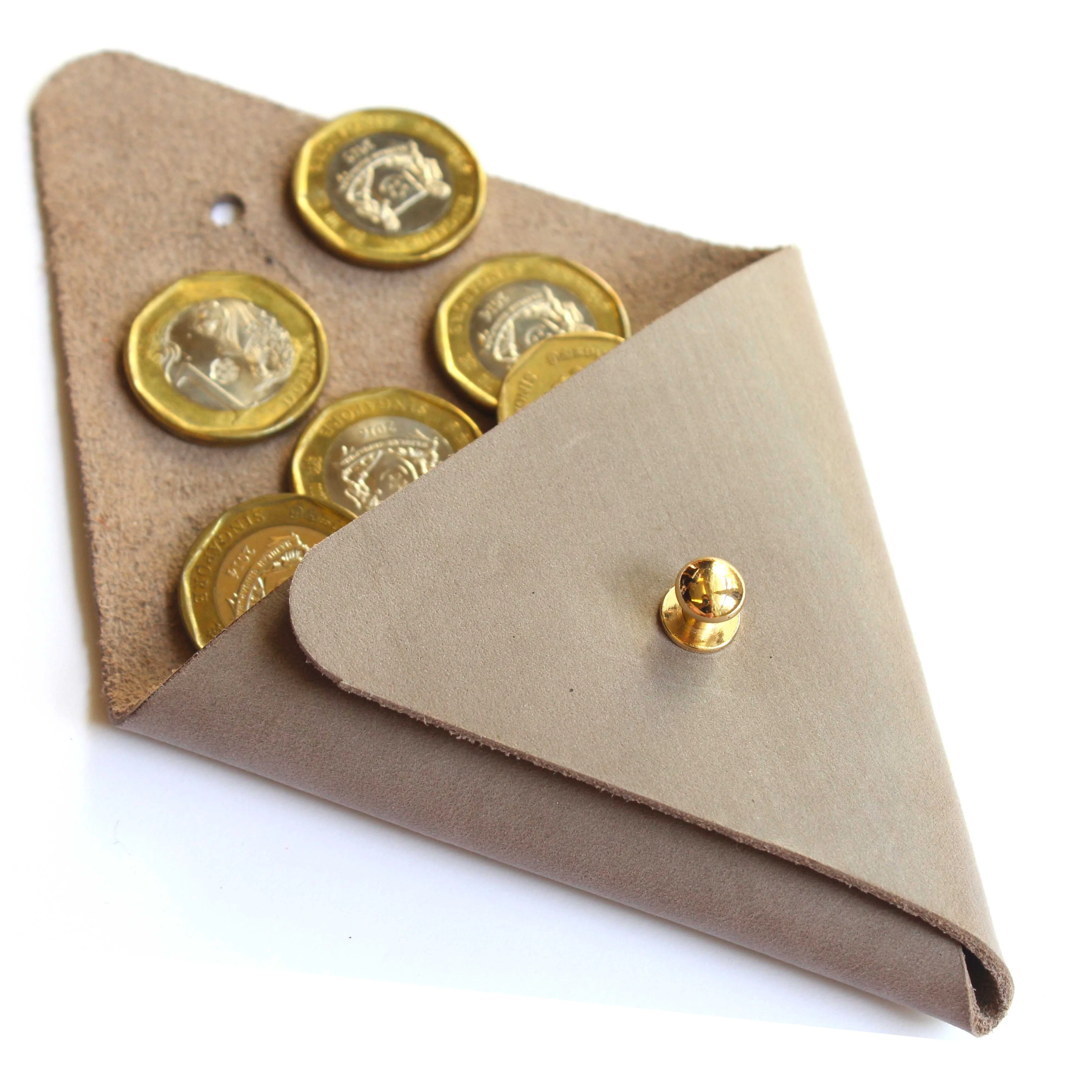 2025 New Triangular Shape Cream Color Hook Closure Genuine Leather Coin Case