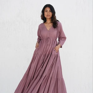Comfortable Loose Available Big Size Natural Cotton Pleated V Neck Maxi Dress Boho Tunic With Pocket Tiered Layered Design Women