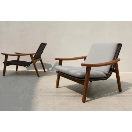 relax arm chair teak wood black rattan syntetic and cushion thailand