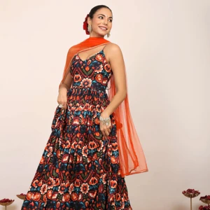 Flonna Georgette Multicolor Print Dances Kurta Sleeveless Gracefully Anarkali Kurta Across The Floor Length Anarkali Kurta