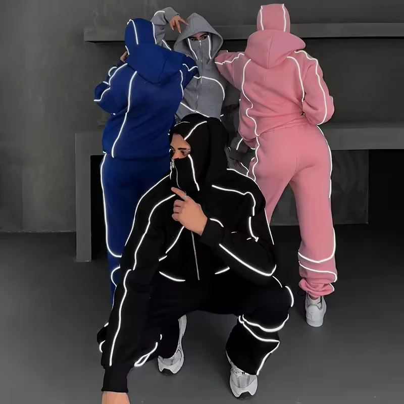 Custom Oversized Blank Sweatpants Heavyweight Sweatsuit Ski Mask Double Hoodie Set Baggy Streetwear Reflective Unisex Tracksuit gallery 2