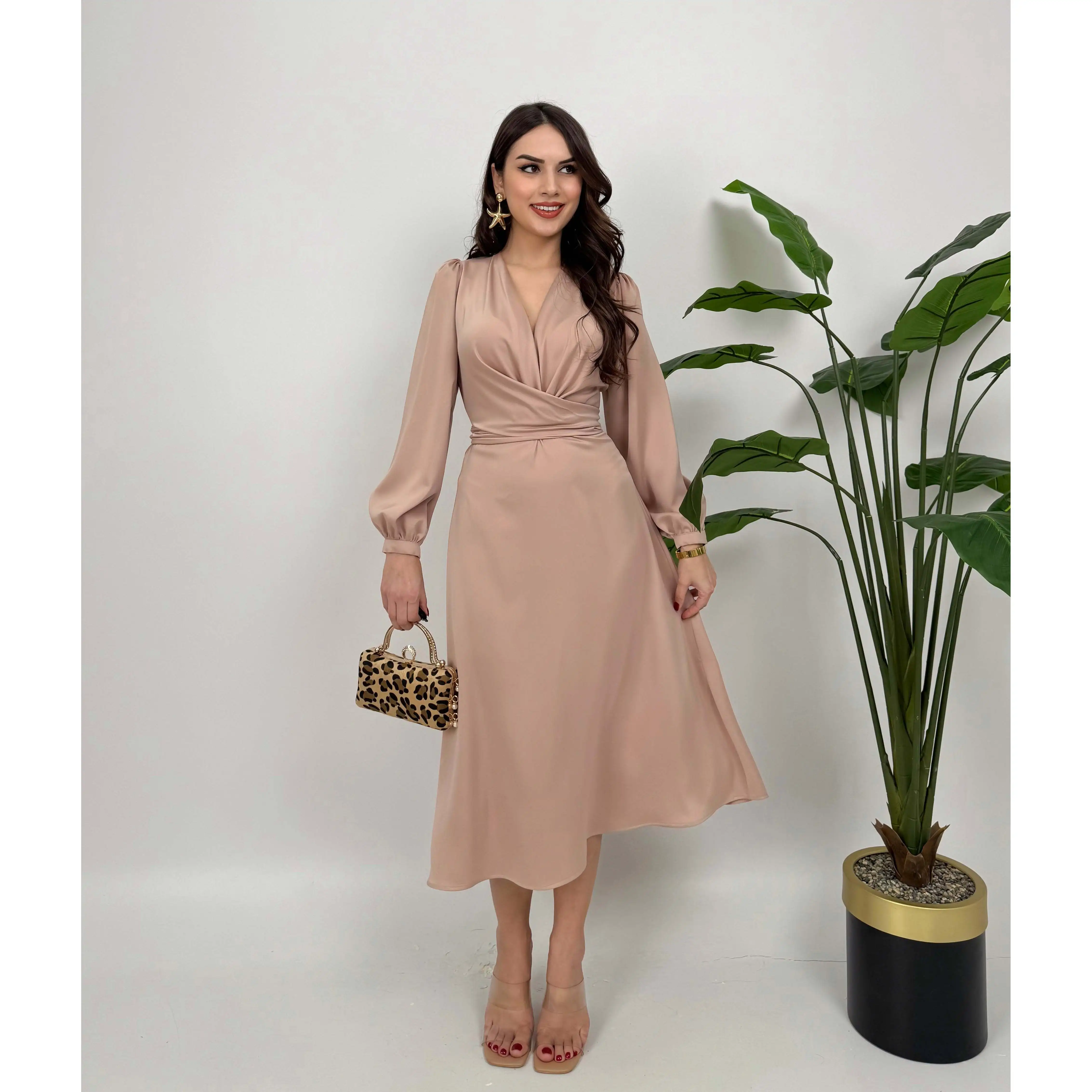 2052 A-Line Satin Belted Dress with Natural Waistline