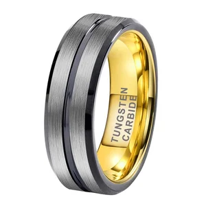 Coolstyle Jewelry 6mm Black Gold Tungsten Carbide Ring for Women Men Engagement Band Beveled Edges Grooved Brushed Comfort Fit