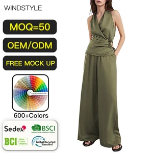 ODM/ODM Women's Casual Sets Sleeveless Vest with Pleated Waist Wide Leg Satin Mop Pants Suit Long Top Loose Fit