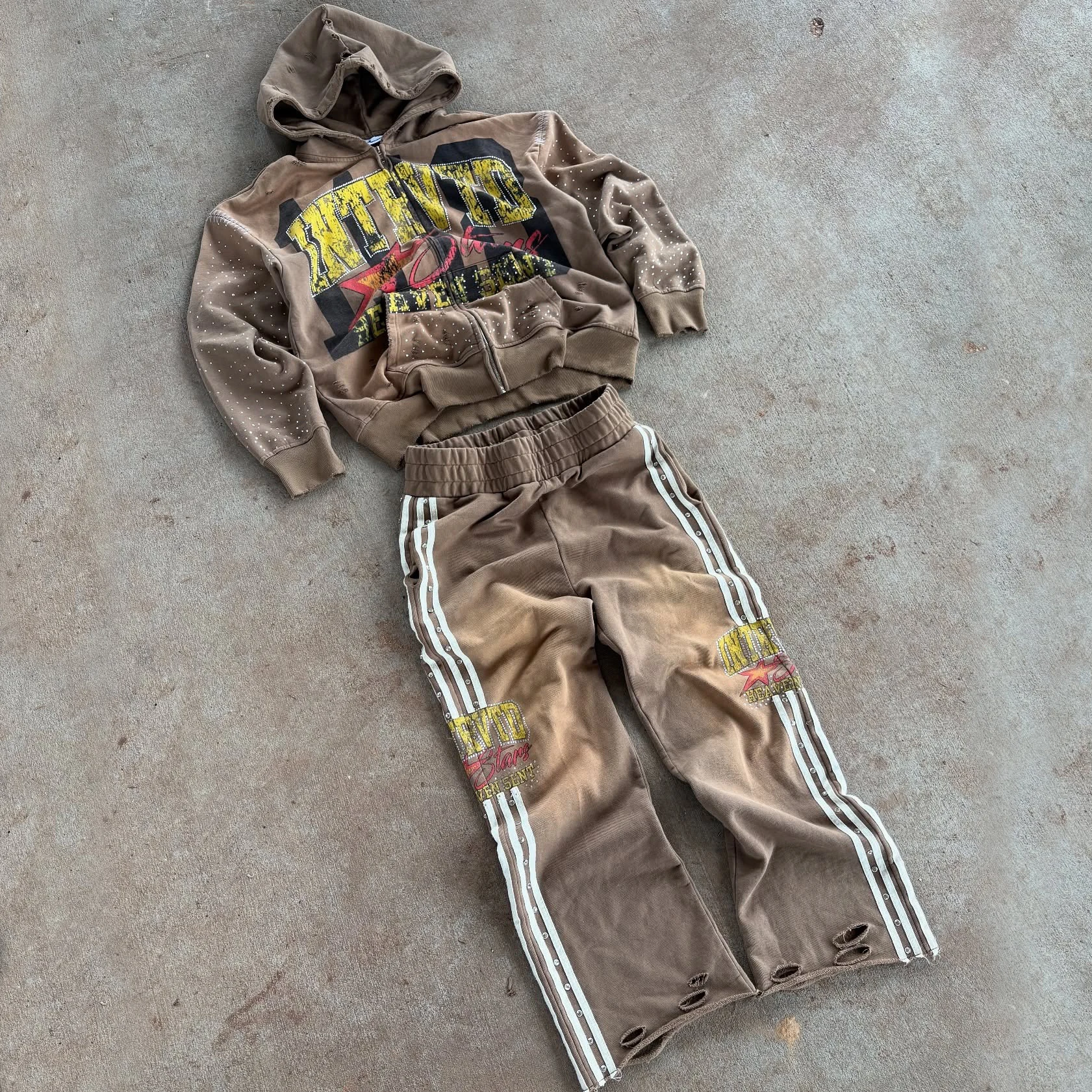 Custom DTG Oversized Hoodies Streetwear Drop Shoulder Distressed sweatshirt  with zip up Allover Rhinestones hoodie for men