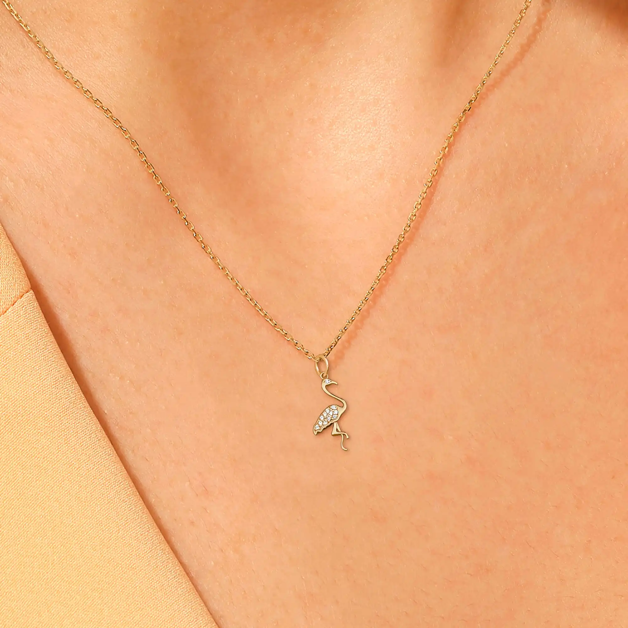 14k Solid Gold Vvs Vs Diamond Flamingo Pendant Necklace Dainty Bird ...