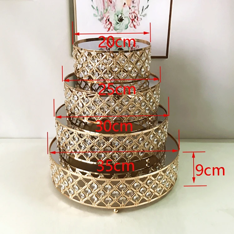 Luxury 4 Floor Round Mirror Trays Set Party Decor Metal Cake Display Holder With Crystal Wedding Pastry Dessert Tray