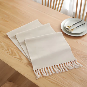 Beige White Texture Table Runner with Tassel Trim Woven Decor for Dining Room Kitchen Wedding or Party Use at Home