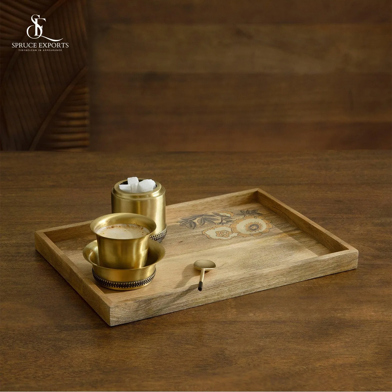 Rectangular Wooden Serving Tray with Leaf Printing Stylish Snack Breakfast and Decor Tray for Home Bestseller