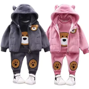 Hot Selling Bear Print Winter Baby Clothes Set Hooded Zipper 3pcs Vest Long Sleeve Shirts and Pants Clothes Set