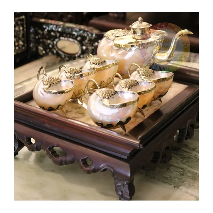 Mother of Pearl Teapot and Shell Cup Set Handmade Nautical-Themed Tea Set for Resorts and Home Decor