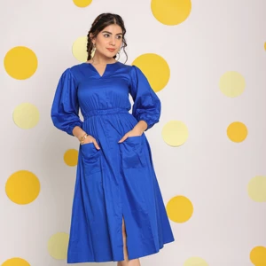 Natural Cotton Midi Dress Royal Blue Burst Fitted V -Neck Midi Dress Summer Dress Cotton Midi Western Pattern Available Big Size