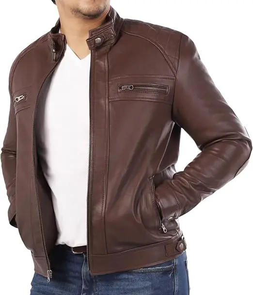 Diamond Style Jacket Men Premium Leather Cafe Racer Vintage Jacket Men  warm hand pockets multiple inside out zipper pocket