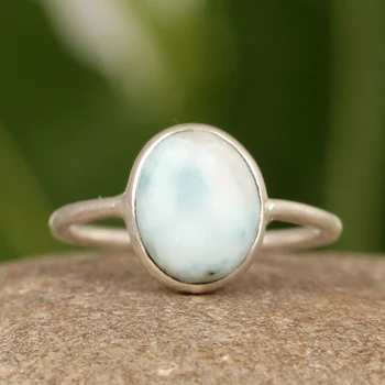 Hot Selling 925 Sterling Silver Women's Vintage Ring Genuine Dominican Republic Larimar Handmade Oval Shape Fine Jewelry Party