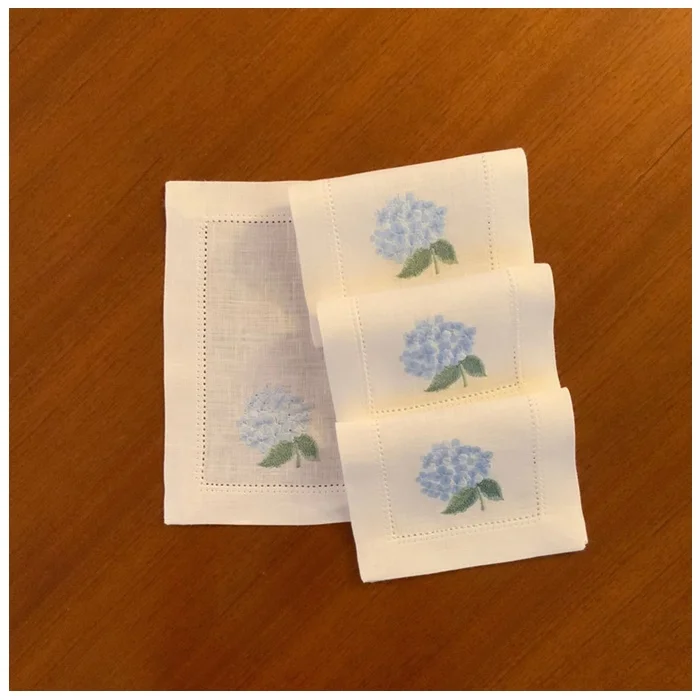 Custom Embroidered Luxury Blue Hydrangea Cocktail Napkin Hemstitch High Quality Ivory Linen