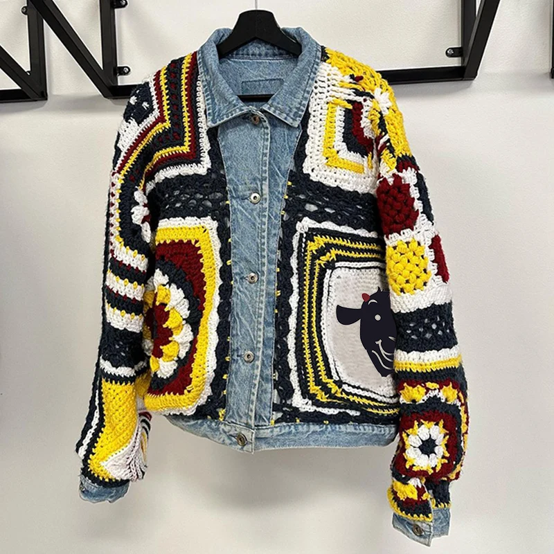 DiZNEW niche personality denim patchwork sweater down jacket smallguangzhou sweater 2024 new cotton jacket jean jacket details