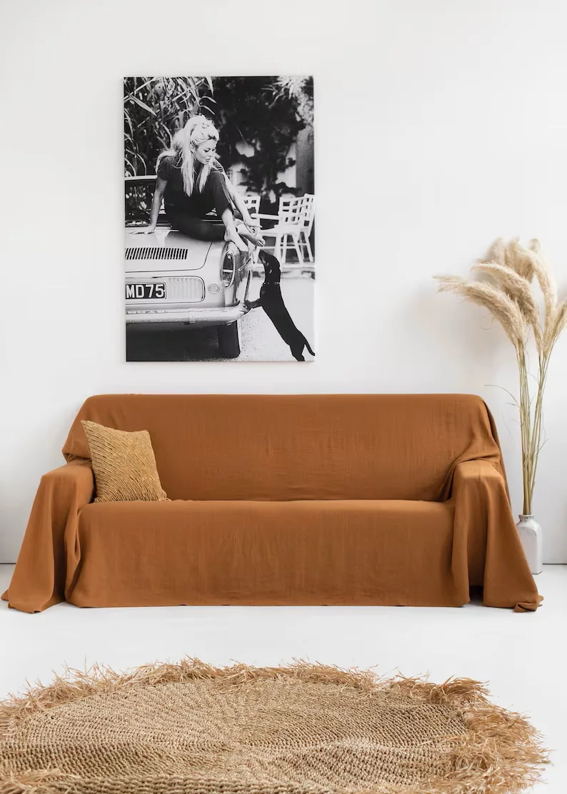 Rustic Boho Chic Natural Linen Sofa Slipcover Chic Bohemian Coverlet for Bedroom with Washable Linen Chic Bohemian Look