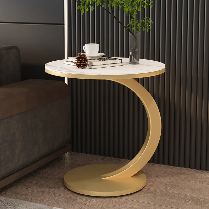 Modern C-Shaped Marble Coffee Table with Round Edges and Stable Carbon Steel Frame for Living Room Use