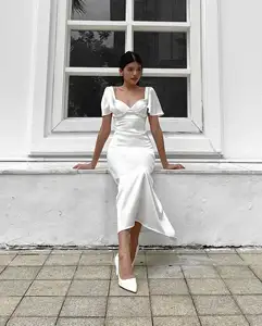 Women's Custom  White Cotton Linen Summer Dress Short Sleeves And Empire Waist Hot Sale Casual Style Available Big Size