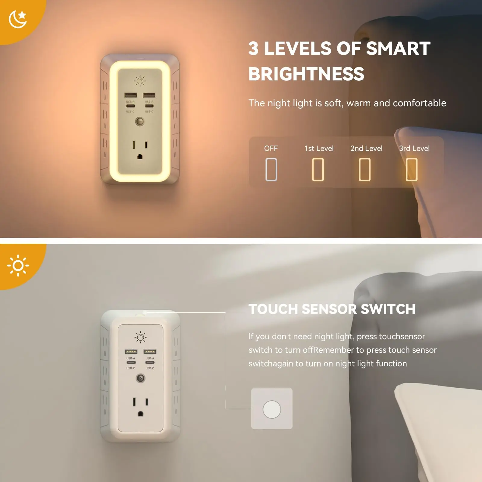 ETL List Multi Plug Wall Charger Surge Protector 7 Outlet Extender with 4 USB Charging Ports 1680J Power Strips with Night Light