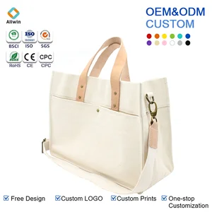 Women's Custom Leather Handle Cotton Canvas Large Capacity Durable Shoulder Shopping Tote Bag Crossbody Strap Magnetic Button