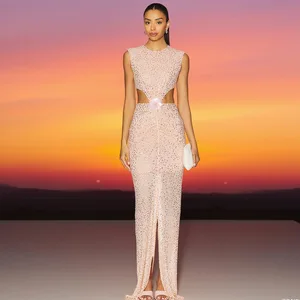 Bettergirl High Quality 2025 New Diamond Sleeveless Pink Long Women Dress Hollow Out Elegant Party Dress
