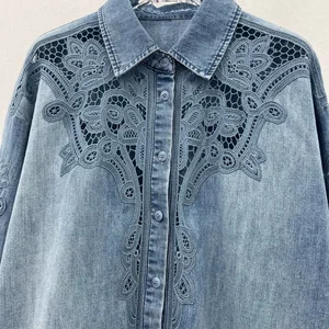 2026 Ladies Luxury Single-Breasted Denim Blouse Women's Retro Fashion Laser Embroidery Hollow Lace Splicing Color Matching