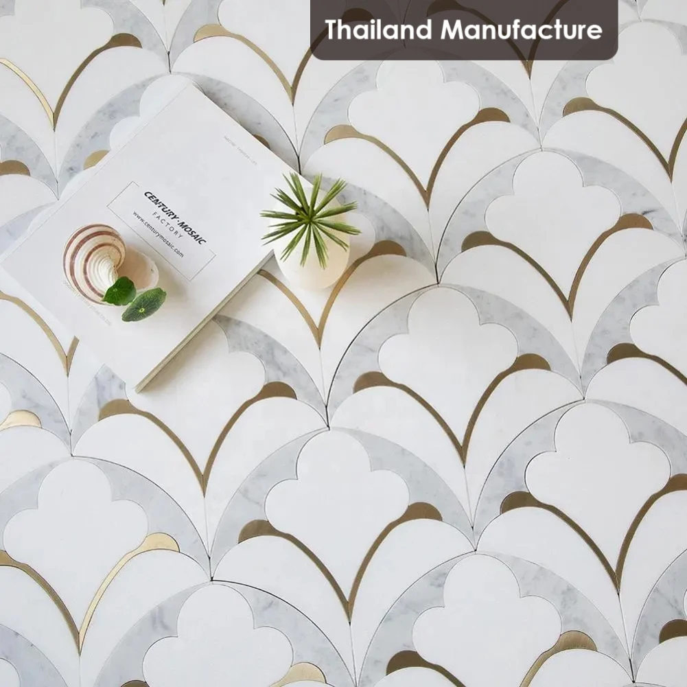 Centurymosaic Waterjet Marble Mosaic Tile Marble Floor and Wall Stone Mixed Brass Waterjet Mosaic Tiles Design Thailand Factory