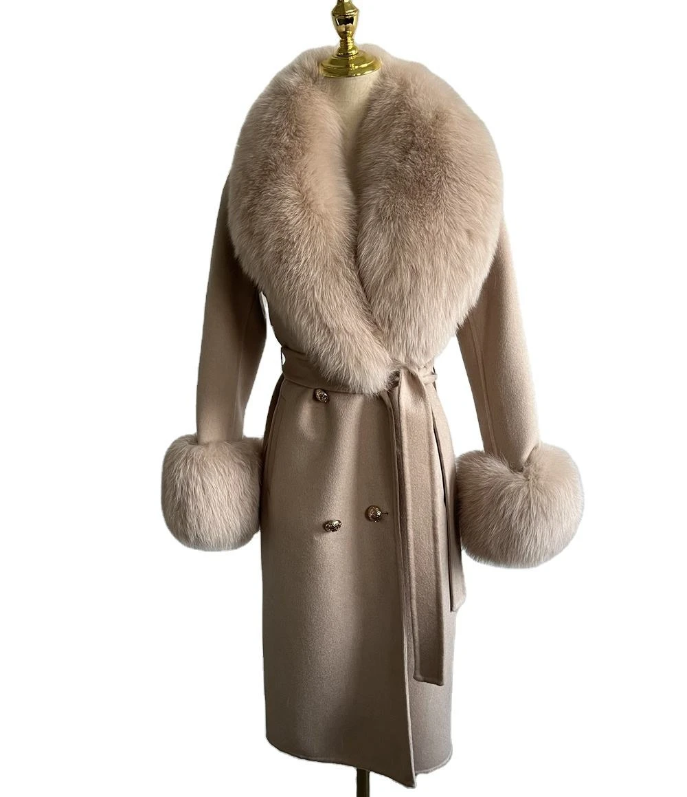 2025 Oem Ladies Elegant Double-sided Wool Coat New Real Fox Fur Big Collar Long Cashmere Wool Jacket For Spring Autumn Winter - Image 6
