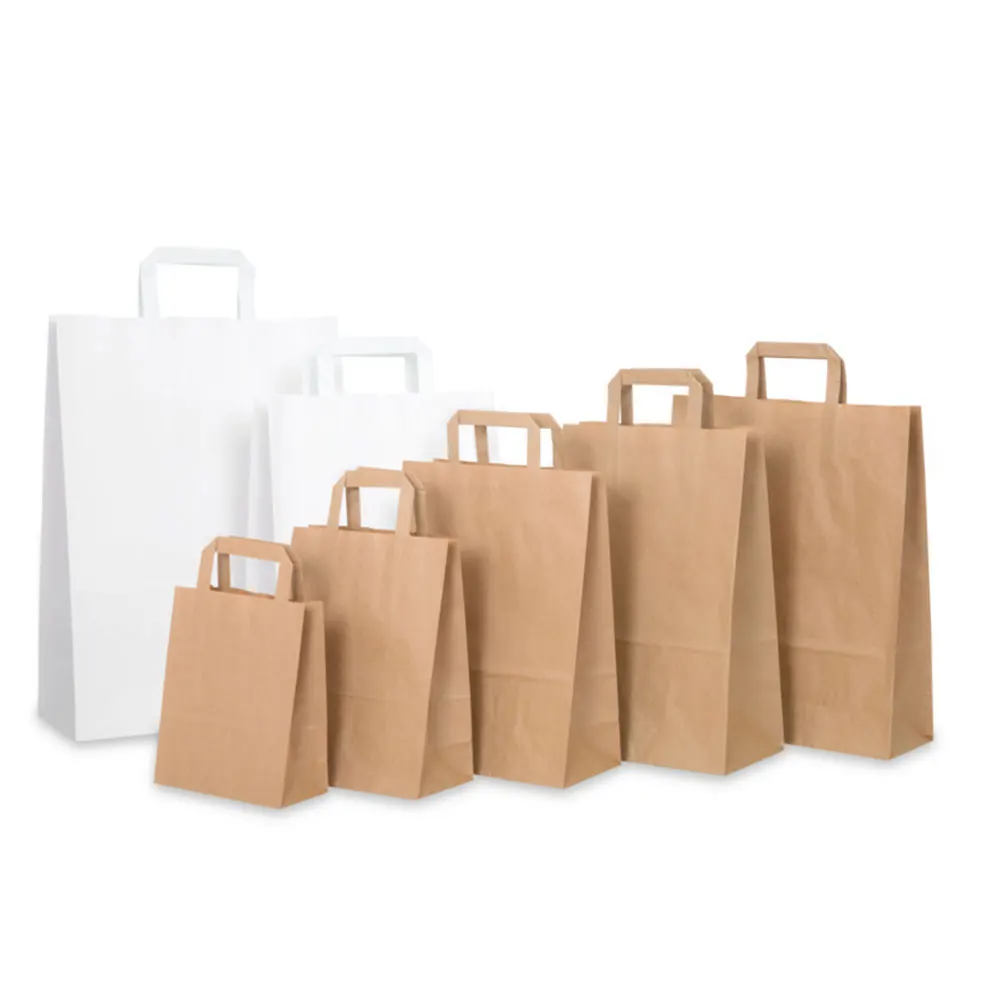 Flat Handle Plain Brown Paper Bags Takeaway Food Garment Packaging