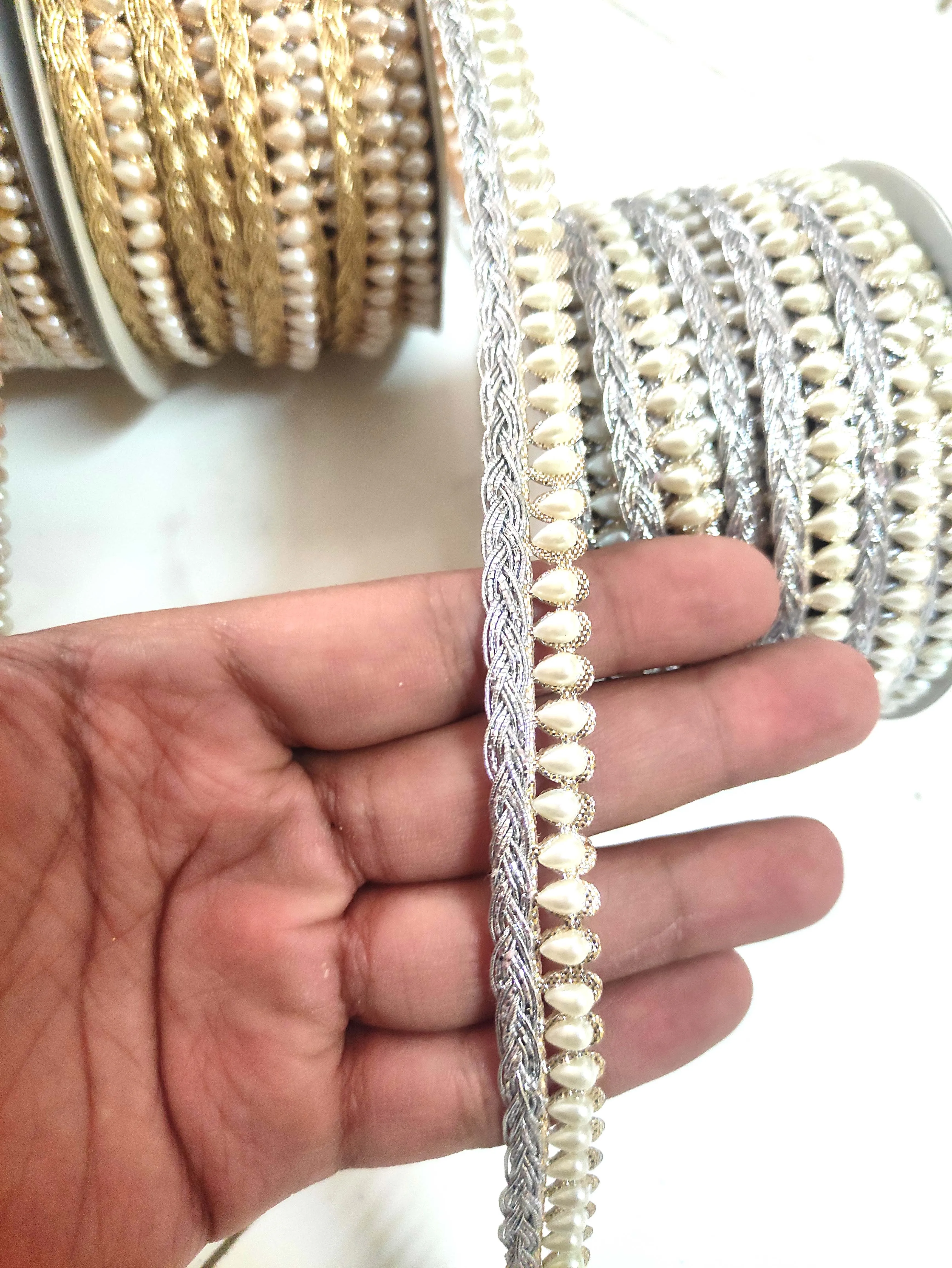 CRYSTAL CREAM BEADS LACE CUT WORK TRIM 20MM GIMP for WOMEN'S DRESS and GARMENTS DEALS in WHOLESALE CUSTOMIZED COLOR