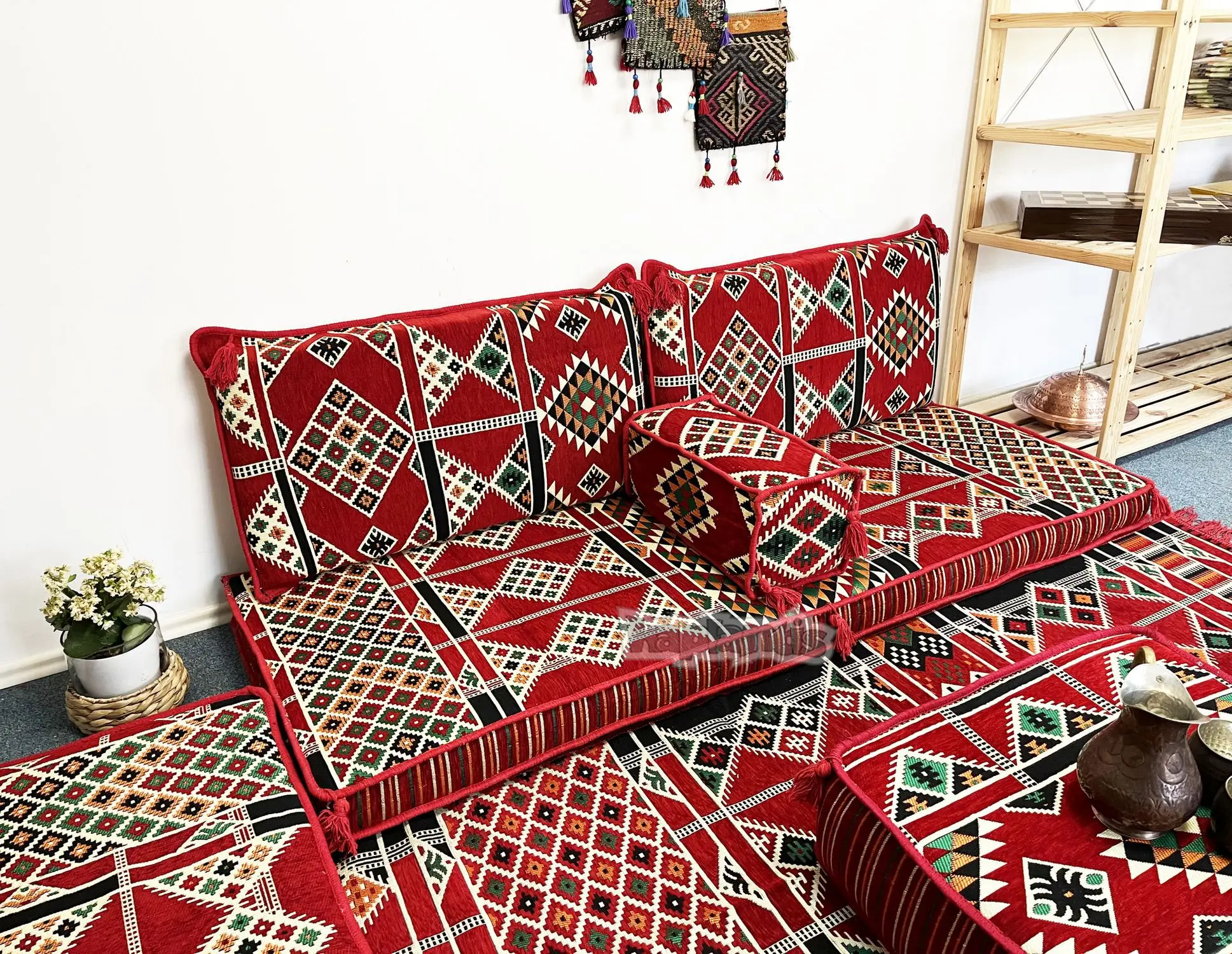 Elegant Arabic Floor Seating Nomad Rug Set - Red Oriental Cushion Cover ...